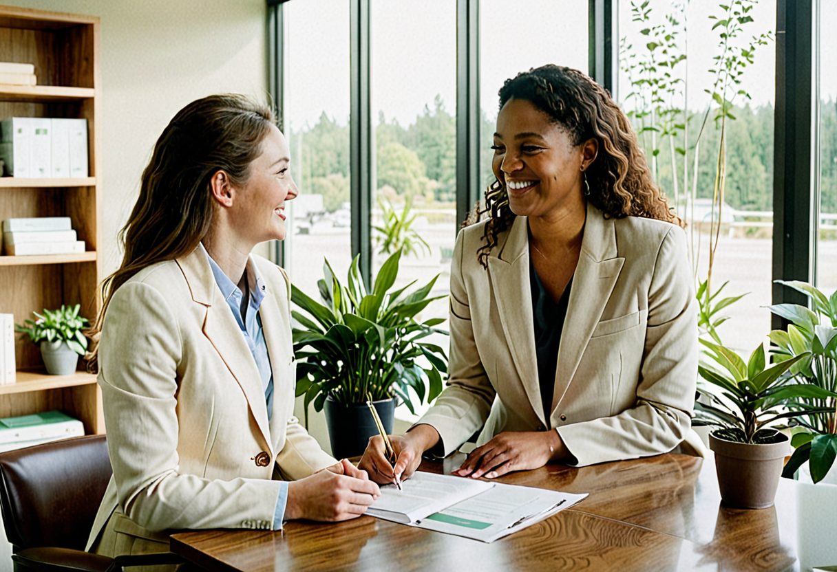 Clinician and patient in conversation at a bright modern office