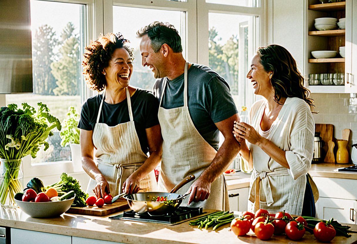 Friends laughing together while cooking a healthy meal in a bright kitchen