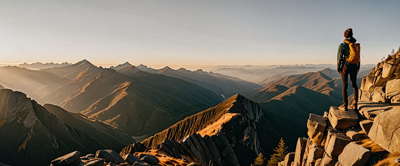 Hiker on a mountain summit at sunrise, layered ridges in warm haze